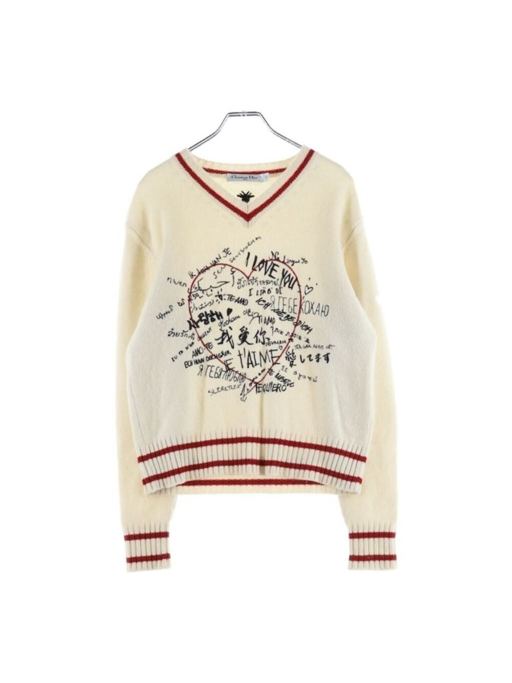 Dior I Love You Embroidery V-neck Long Sleeve Pullover Sweater Ivory Red